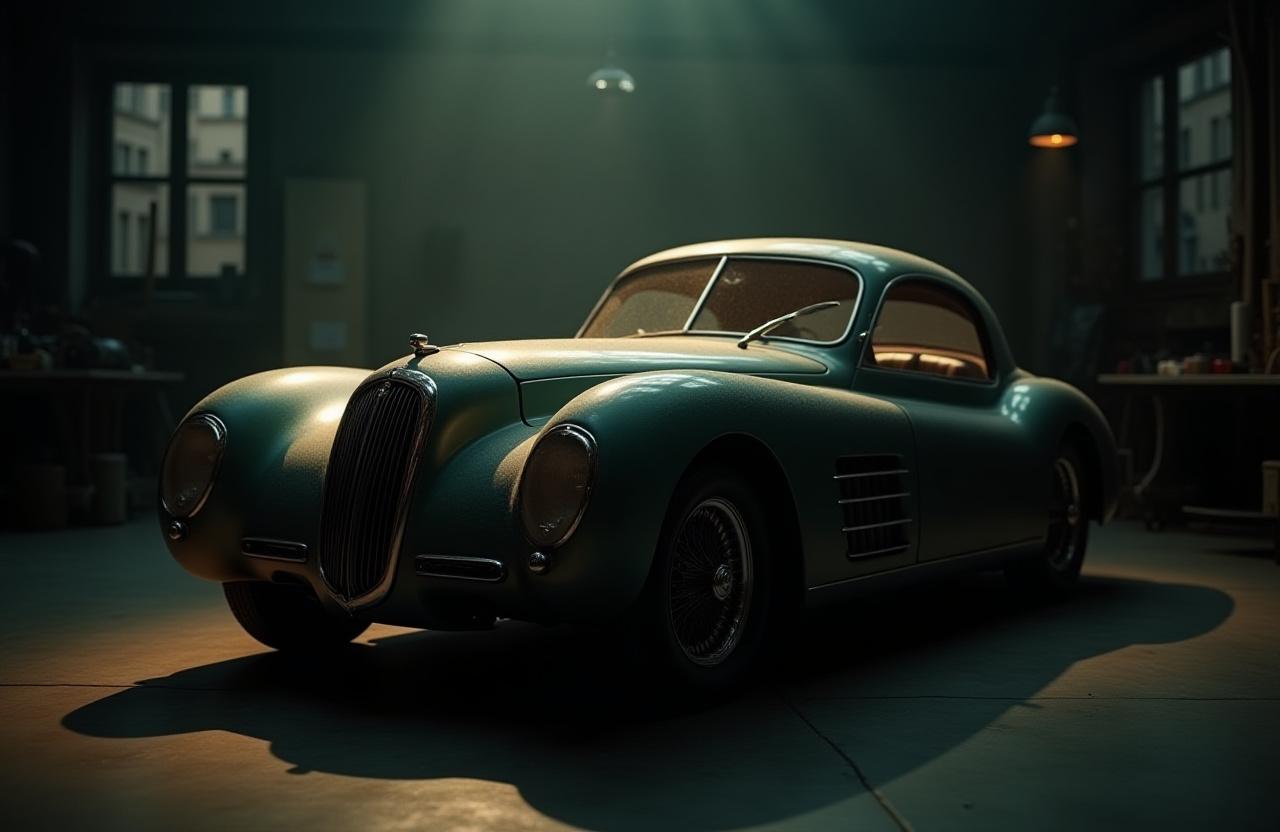 Restauration d'une voiture de collection dans un garage parisien sombre et élégant