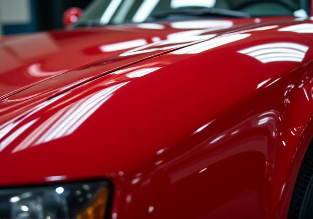 Before and after of a car's paint, showing dullness vs deep gloss. After shows a vibrant, high-gloss ceramic coated finish.