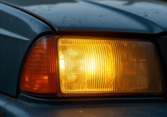 Before and after of a yellowed, hazy headlight. Before shows significant oxidation.