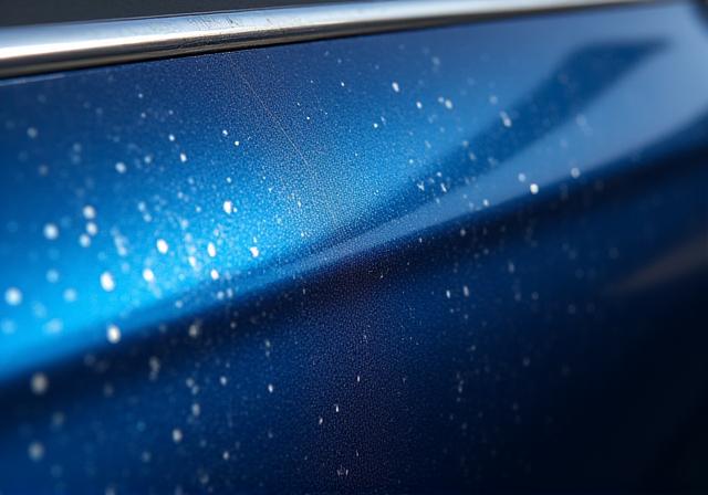 Before and after of paint correction on a dark blue sedan. Before shows significant swirl marks.